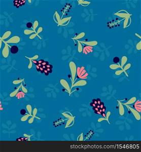 Vector floral pattern in doodle style with flowers and leaves. Botanical ditsy background. Floral pattern doodle seamless vector. blue textile design