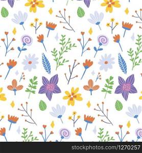 Vector floral pattern in doodle style with flowers and leaves. Gentle, spring floral background. Vector floral pattern in doodle style with flowers and leaves. Gentle, spring floral background.