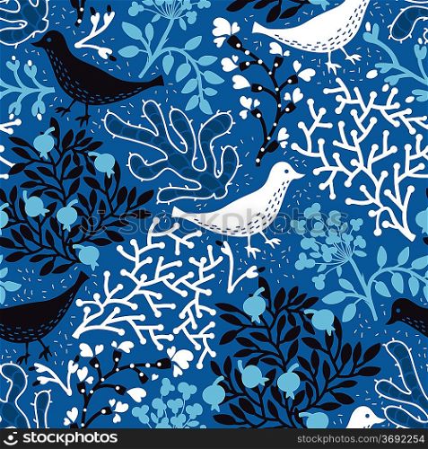 vector floral pattern with abstract birds and plants