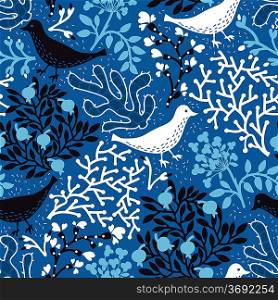 vector floral pattern with abstract birds and plants