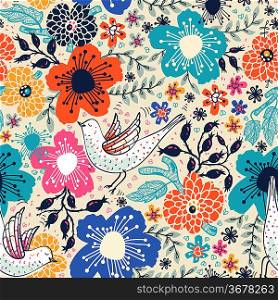 vector floral pattern with colorful blooming flowers and flying birds