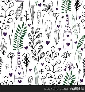 Vector floral pattern with doodle flowers and leaves. Spring nature print for wrapping or textile design. Vector floral pattern with doodle flowers and leaves. Spring nature print for wrapping or textile design.