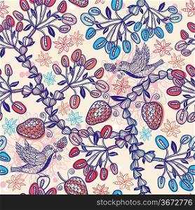vector floral pattern with fantasy plants and flying birds