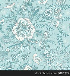 vector floral pattern with flowers and birds on a bright blue background