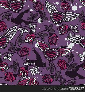 vector floral pattern with vintage roses and black birds