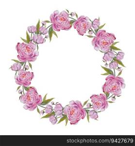 Vector Floral Round Wreath with Pink Peonies.