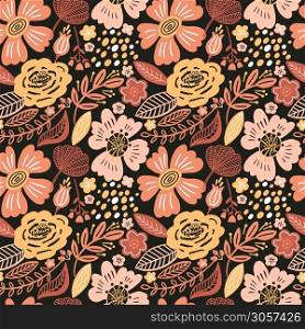 Vector floral seamless pattern black colors autumn. Flat flowers, petals, leaves with and doodle elements. Collage style botanical background for textile and surface. Cutout paper design.