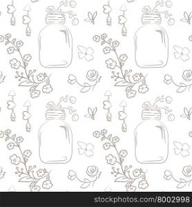 Vector floral seamless pattern. Cute bouquet of wedding flowers in a mason jar.