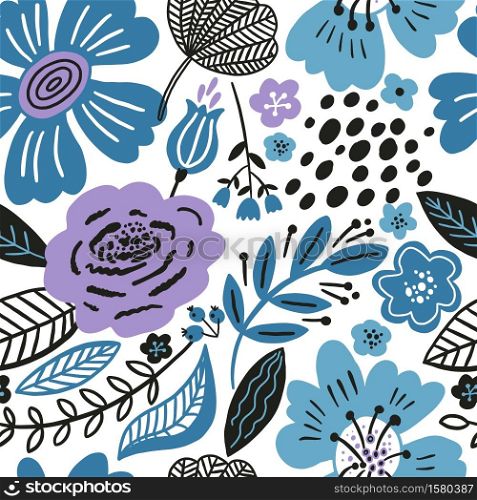 Vector floral seamless pattern. Flat flowers, petals, leaves with doodle elements.. Vector floral seamless pattern white colors winter. Flat flowers, petals, leaves with and doodle elements. Collage style botanical background for textile and surface. Cutout paper design.