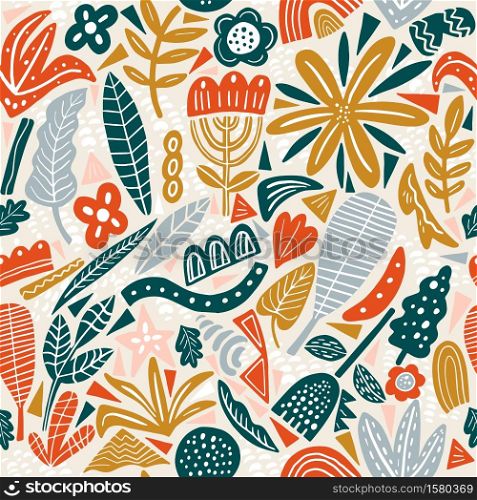 Vector floral seamless pattern. Flat flowers, petals, leaves with geometrical shape and doodle elements.. Vector floral seamless pattern colors autumn. Flat flowers, petals, leaves with and doodle elements. Collage style botanical background for textile and surface. Cutout paper design.
