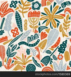 Vector floral seamless pattern. Flat flowers, petals, leaves with geometrical shape and doodle elements.. Vector floral seamless pattern colors autumn. Flat flowers, petals, leaves with and doodle elements. Collage style botanical background for textile and surface. Cutout paper design.