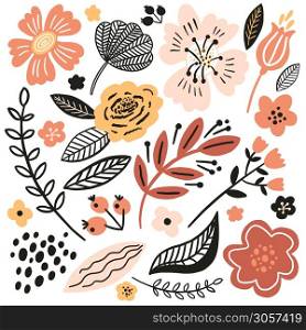 Vector floral seamless pattern. Flat flowers, petals, leaves with geometrical shape and doodle elements.. Vector floral pattern illustration in autumn trend colors. Flat flowers, petals, leaves with and doodle elements. Collage style botanical background for textile and surface. Cutout paper design.