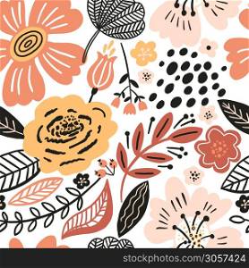 Vector floral seamless pattern. Flat flowers, petals, leaves with geometrical shape and doodle elements.. Vector floral seamless pattern white colors autumn. Flat flowers, petals, leaves with and doodle elements. Collage style botanical background for textile and surface. Cutout paper design.