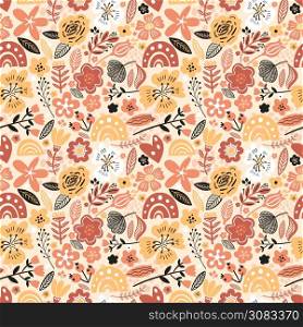 Vector floral seamless pattern. Flat flowers, petals, leaves with geometrical shape and doodle elements.. Vector floral seamless pattern white colors autumn. Flat flowers, petals, leaves with and doodle elements. Collage style botanical background for textile and surface. Cutout paper design.