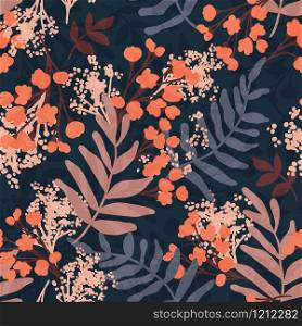 Vector Floral seamless pattern. Flowers and leaves. Repeat background with plants. Hand Drawn texture with blossom. Botanical Design for print, wallpaper, fabrics or wrapping paper.. Vector Floral seamless pattern. Flowers and leaves.