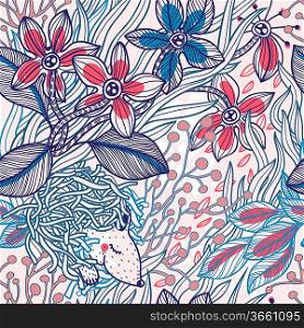 vector floral seamless pattern with a little mouse and blooming flowers