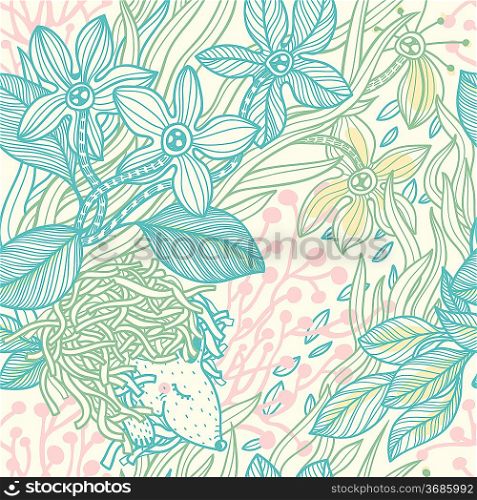 vector floral seamless pattern with a little sleeping mouse