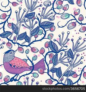vector floral seamless pattern with a violet bird and berries
