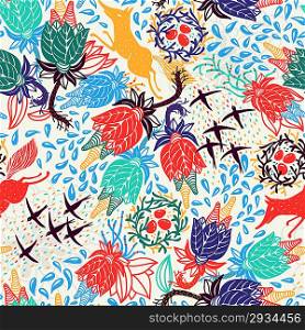 vector floral seamless pattern with abstract animals and plants
