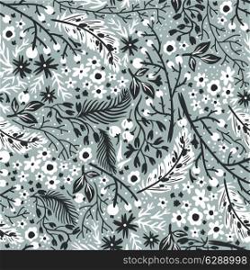 vector floral seamless pattern with abstract berries,feathers and flowers
