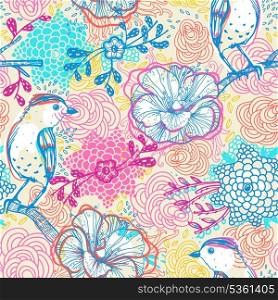 vector floral seamless pattern with abstract birds and blooming flowers