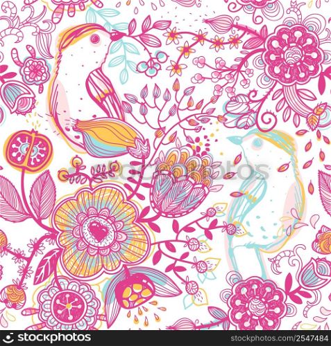 vector floral seamless pattern with abstract birds and flowers