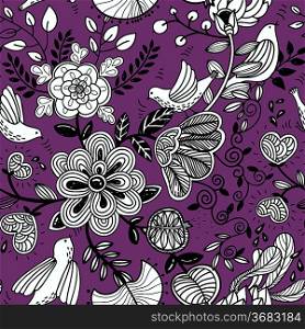 vector floral seamless pattern with abstract birds and flowers on a violet background