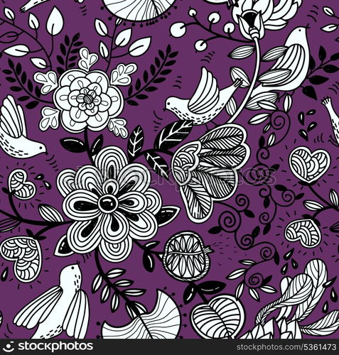 vector floral seamless pattern with abstract birds and flowers on a violet background