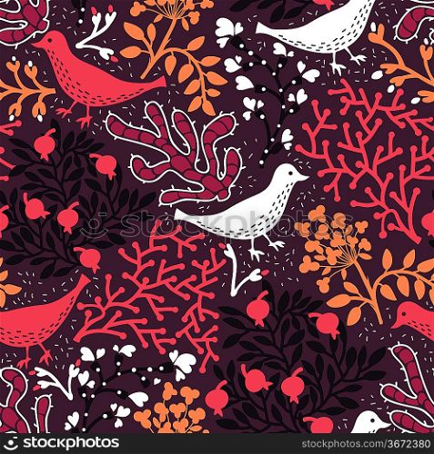 vector floral seamless pattern with abstract birds and plants