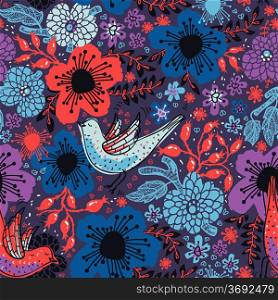 vector floral seamless pattern with abstract birds and plants