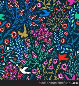 vector floral seamless pattern with abstract blooms and birds