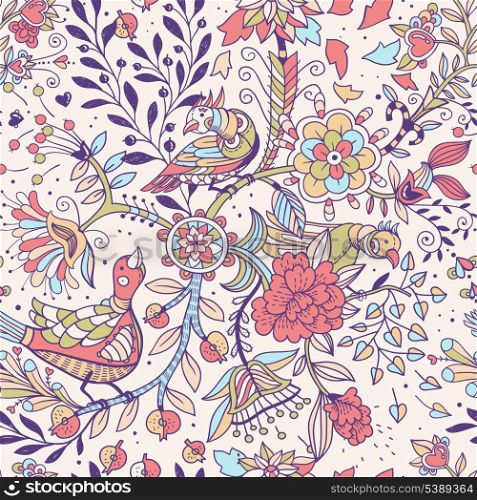 vector floral seamless pattern with abstract fantasy birds and flowers