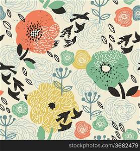 vector floral seamless pattern with abstract flowers and birds