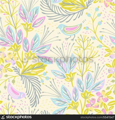 vector floral seamless pattern with abstract flowers and birds