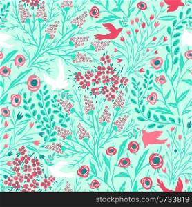 vector floral seamless pattern with abstract flowers and birds on a fresh green background
