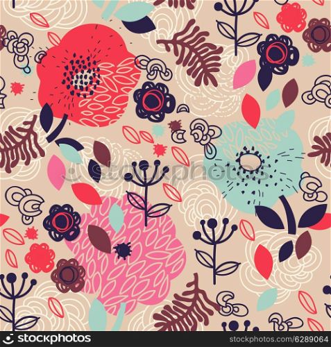 vector floral seamless pattern with abstract flowers and leaves