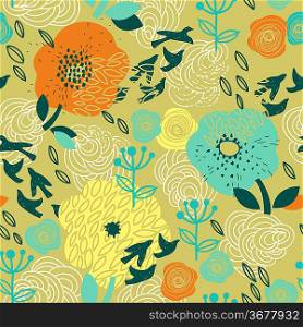 vector floral seamless pattern with abstract flying birds and flowers