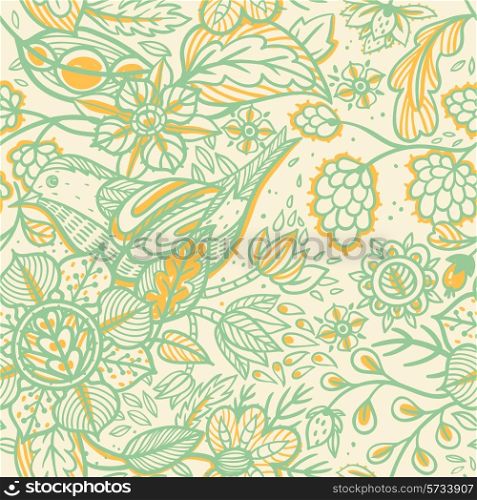 vector floral seamless pattern with abstract hand drawn birds and flowers