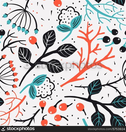 vector floral seamless pattern with abstract leaves and berries