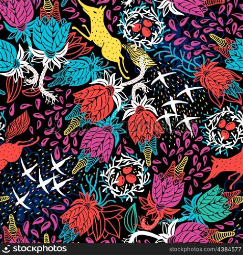vector floral seamless pattern with abstract plants an colored animals
