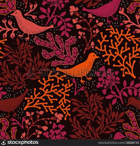 vector floral seamless pattern with abstract plants and birds