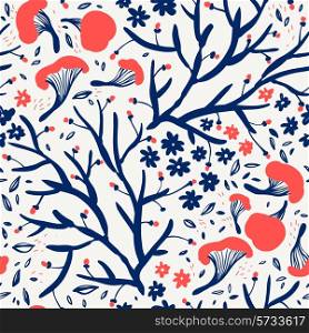 vector floral seamless pattern with abstract plants and bright mushrooms