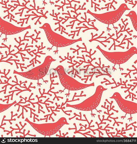 vector floral seamless pattern with abstract red birds