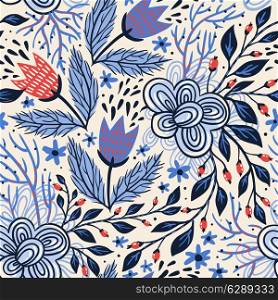 vector floral seamless pattern with abstract tulips and berries