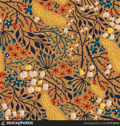vector floral seamless pattern with berries, leaves and feathers