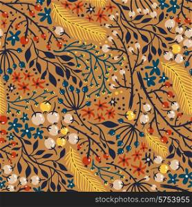 vector floral seamless pattern with berries, leaves and feathers
