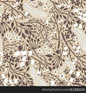 vector floral seamless pattern with berries, plants and feathers
