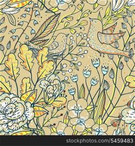 vector floral seamless pattern with birds and blooming flowers