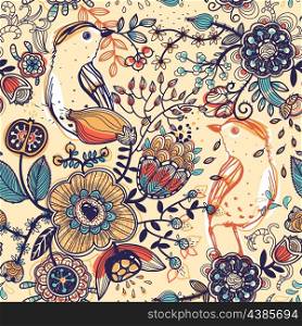 vector floral seamless pattern with birds and fantasy flowers
