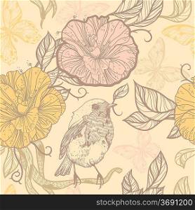 vector floral seamless pattern with birds and flowers